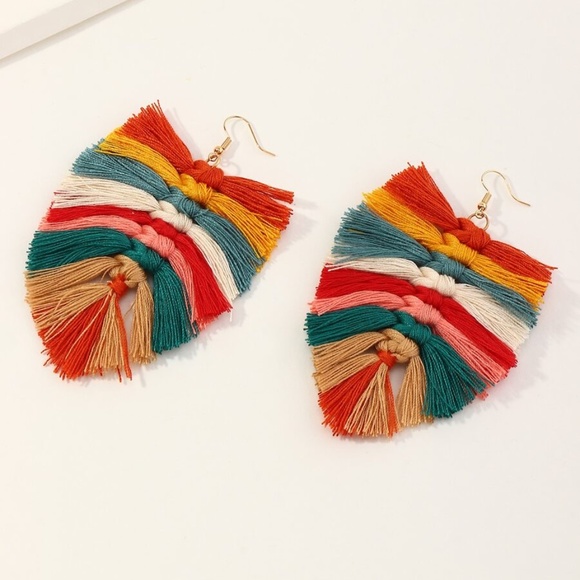 Boho Multicolor Tassel Leaf Shaped Earrings - Picture 3 of 3